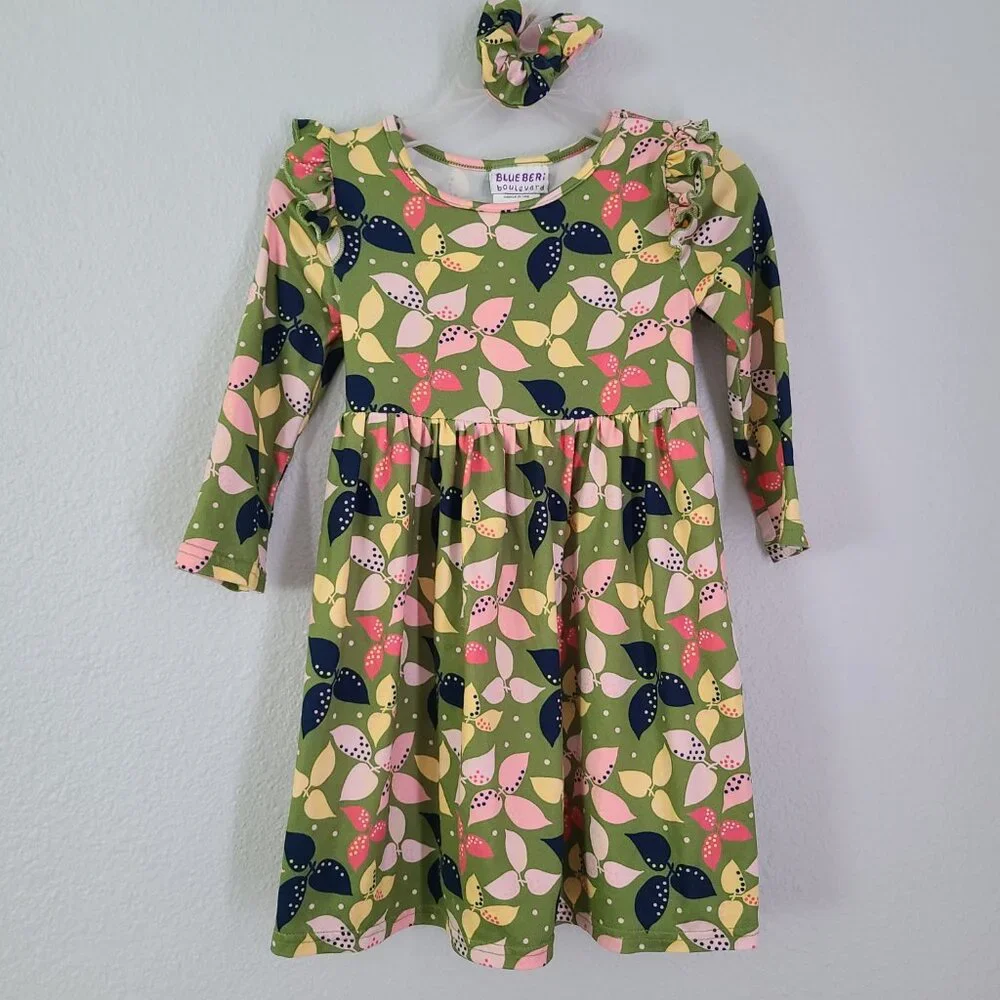 Blueberi Boulevard Green Leaf Print Long Sleeve Dress with Scrunchie Size 4T